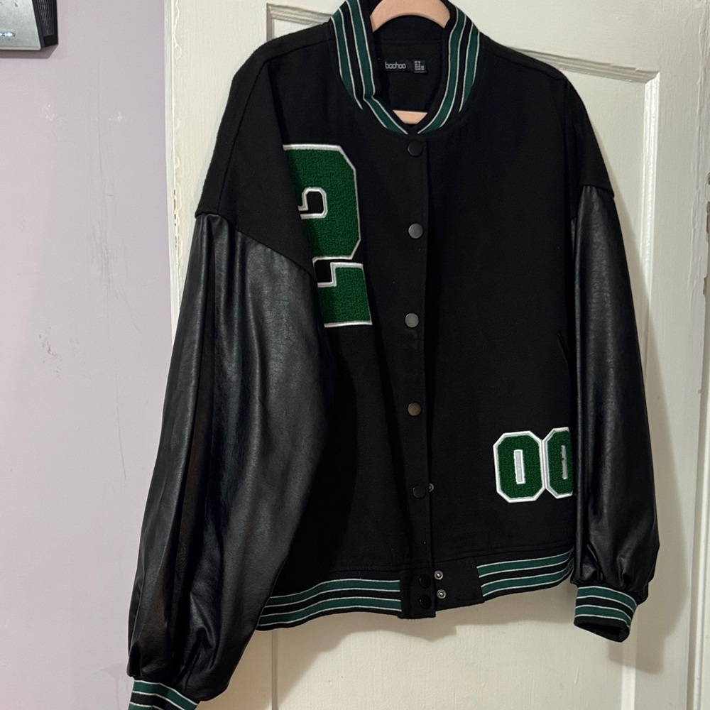 Boohoo Black Varsity Jacket with Green Details